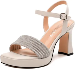 Rhinestone Strap Sandals - Square Toe Chunky Platform Heels with Adjustable Buckle, Solid Color Dressy Shoes for Women, All Occasions