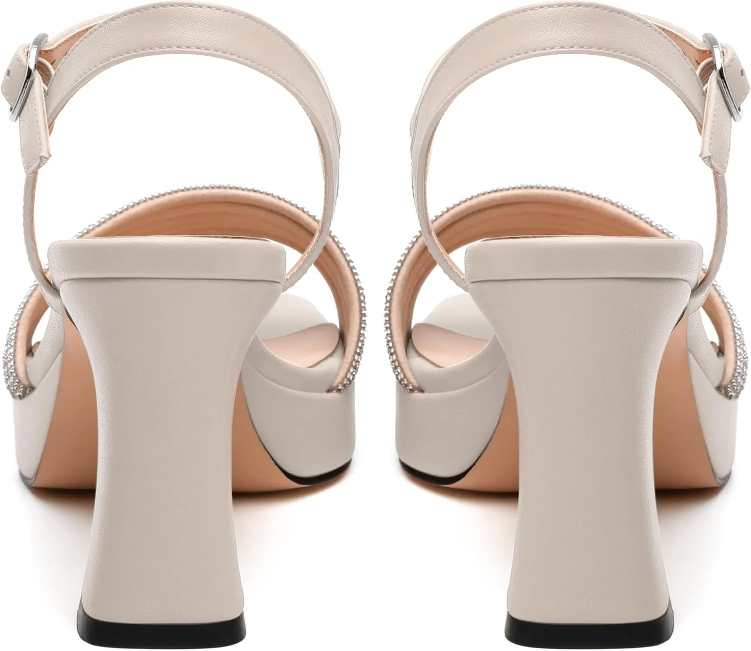 Rhinestone Strap Sandals - Square Toe Chunky Platform Heels with Adjustable Buckle, Solid Color Dressy Shoes for Women, All Occasions