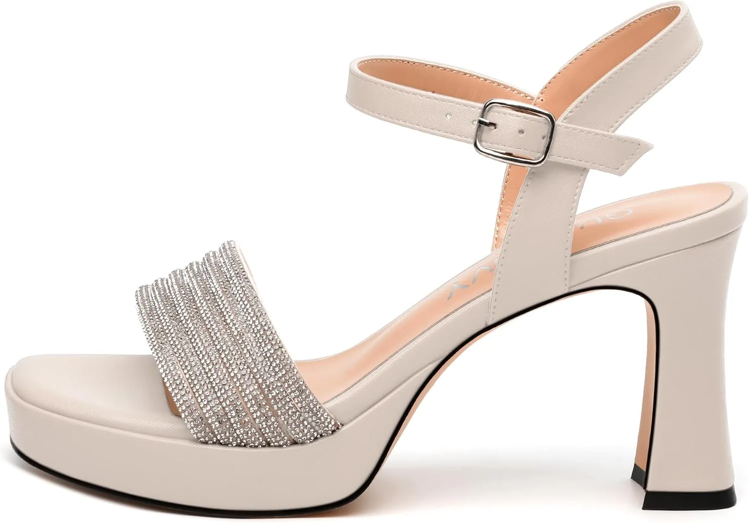 Rhinestone Strap Sandals - Square Toe Chunky Platform Heels with Adjustable Buckle, Solid Color Dressy Shoes for Women, All Occasions