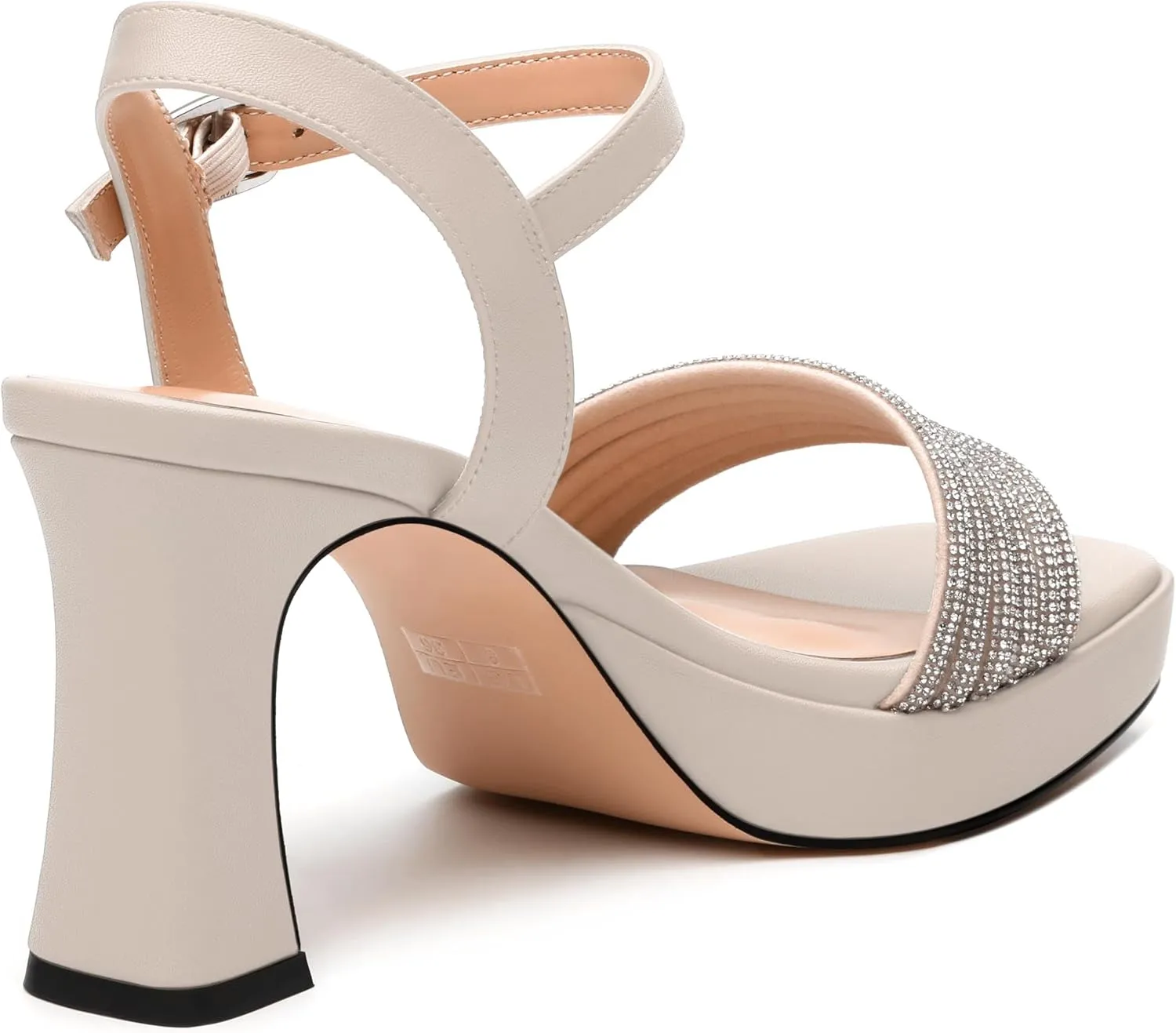 Rhinestone Strap Sandals - Square Toe Chunky Platform Heels with Adjustable Buckle, Solid Color Dressy Shoes for Women, All Occasions
