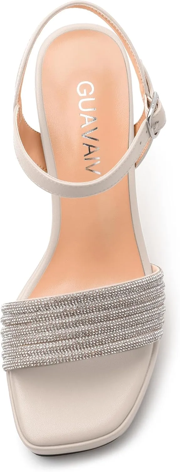 Rhinestone Strap Sandals - Square Toe Chunky Platform Heels with Adjustable Buckle, Solid Color Dressy Shoes for Women, All Occasions
