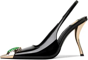 Rhinestones Slingback Kitten Heels Pointed Closed Toe Pumps for Women, Stiletto 4Inch High Heeled Sandals for Dress Shoes,Black 8.5