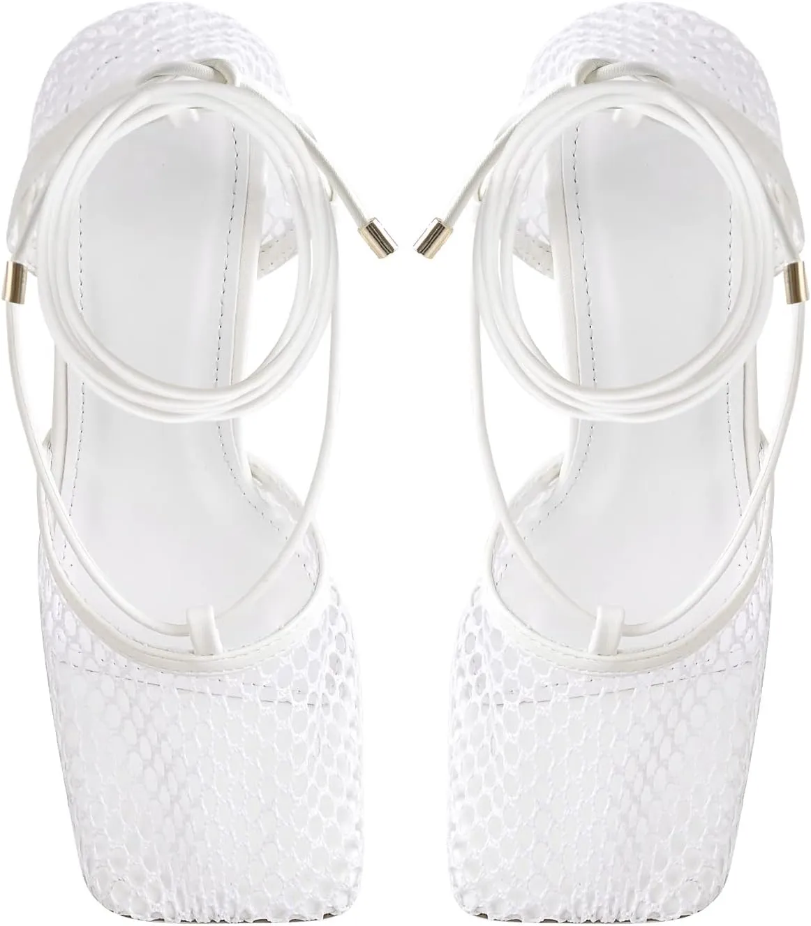 Richealnana Women's Square Toe Mesh Lace Up Strappy Sexy Sandals