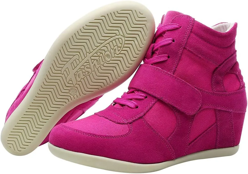 rismart Women's Wedge Casual Hook Loop Fabric Suede Leather Fashion Sneakers