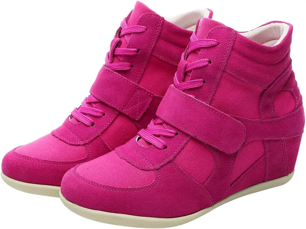 rismart Women's Wedge Casual Hook Loop Fabric Suede Leather Fashion Sneakers