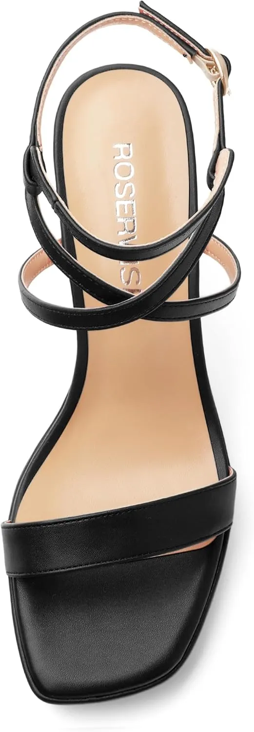 ROSERWISH Platform Heels for Women Strappy High Heel Sandals Square Open Toe Chunky Heels Ankle Strap Womens Wedding Party Dress Shoes