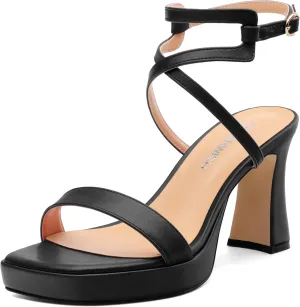 ROSERWISH Platform Heels for Women Strappy High Heel Sandals Square Open Toe Chunky Heels Ankle Strap Womens Wedding Party Dress Shoes