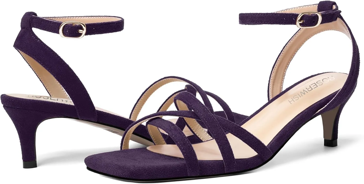 ROSERWISH Womens Wedding Suede Ankle Strap Buckle Square Toe Fashion Strappy Dress Kitten Low Heel Heeled Sandals 2 Inch