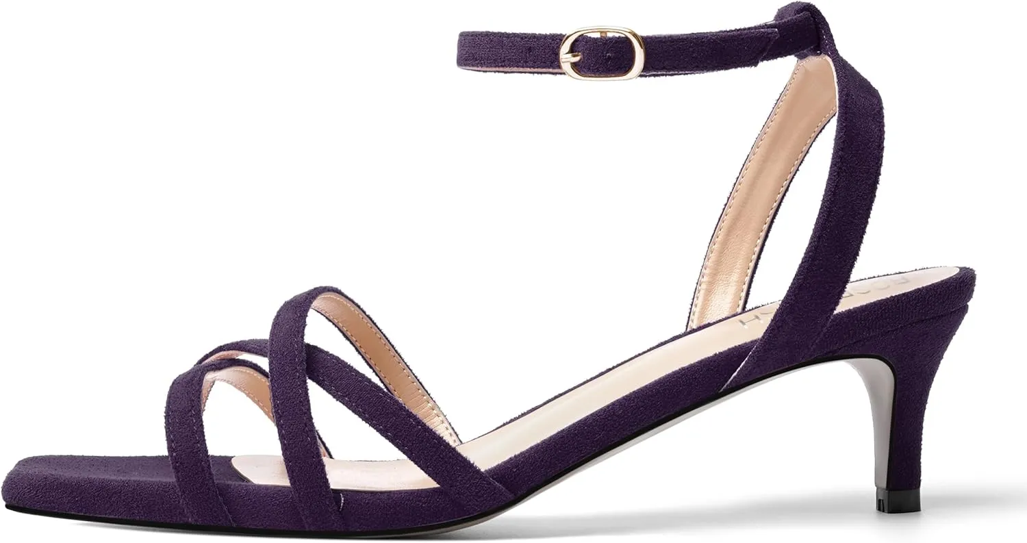 ROSERWISH Womens Wedding Suede Ankle Strap Buckle Square Toe Fashion Strappy Dress Kitten Low Heel Heeled Sandals 2 Inch