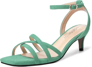 ROSERWISH Womens Wedding Suede Ankle Strap Buckle Square Toe Fashion Strappy Dress Kitten Low Heel Heeled Sandals 2 Inch