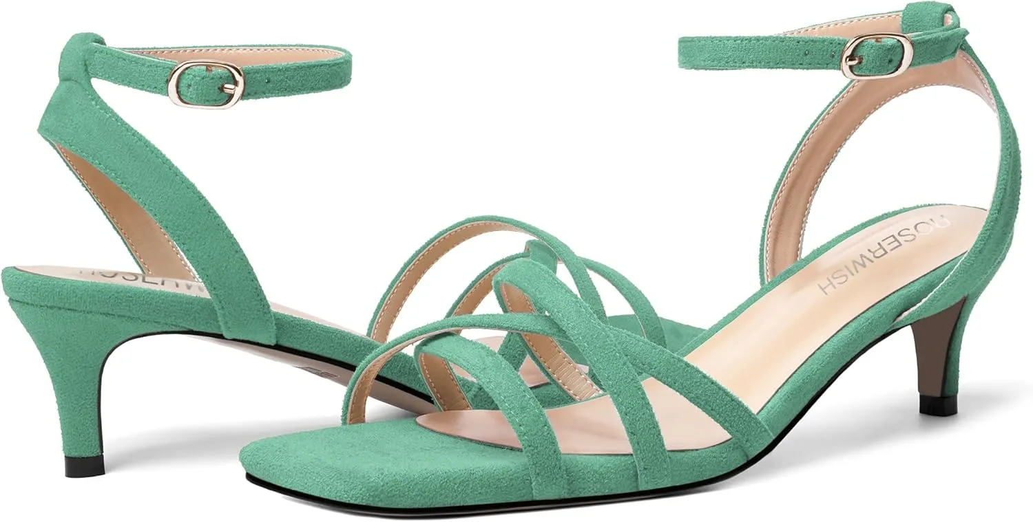 ROSERWISH Womens Wedding Suede Ankle Strap Buckle Square Toe Fashion Strappy Dress Kitten Low Heel Heeled Sandals 2 Inch