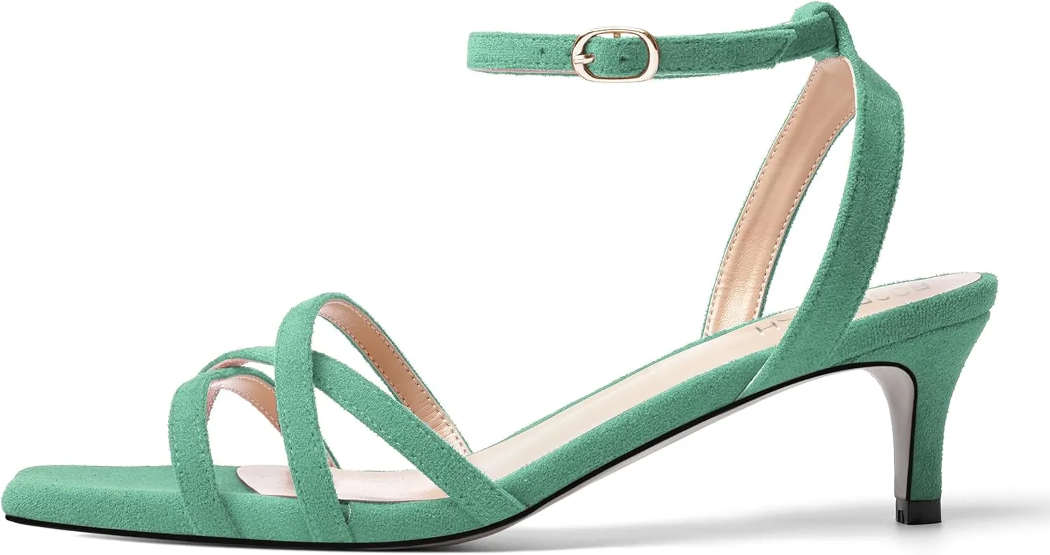 ROSERWISH Womens Wedding Suede Ankle Strap Buckle Square Toe Fashion Strappy Dress Kitten Low Heel Heeled Sandals 2 Inch