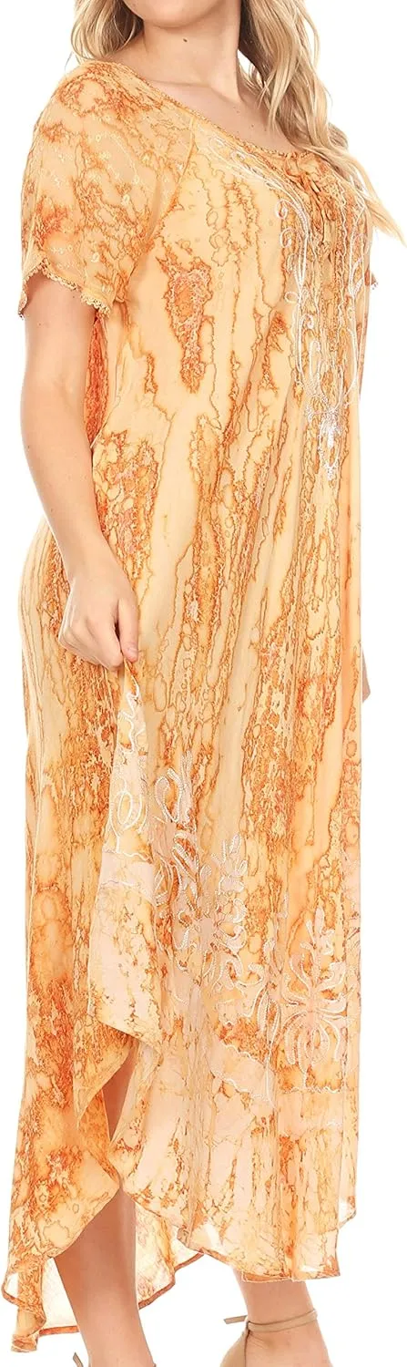 Sakkas Ronny Lace Embroidered Cap Sleeve Tie Dye Wash Caftan Dress/Cover Up