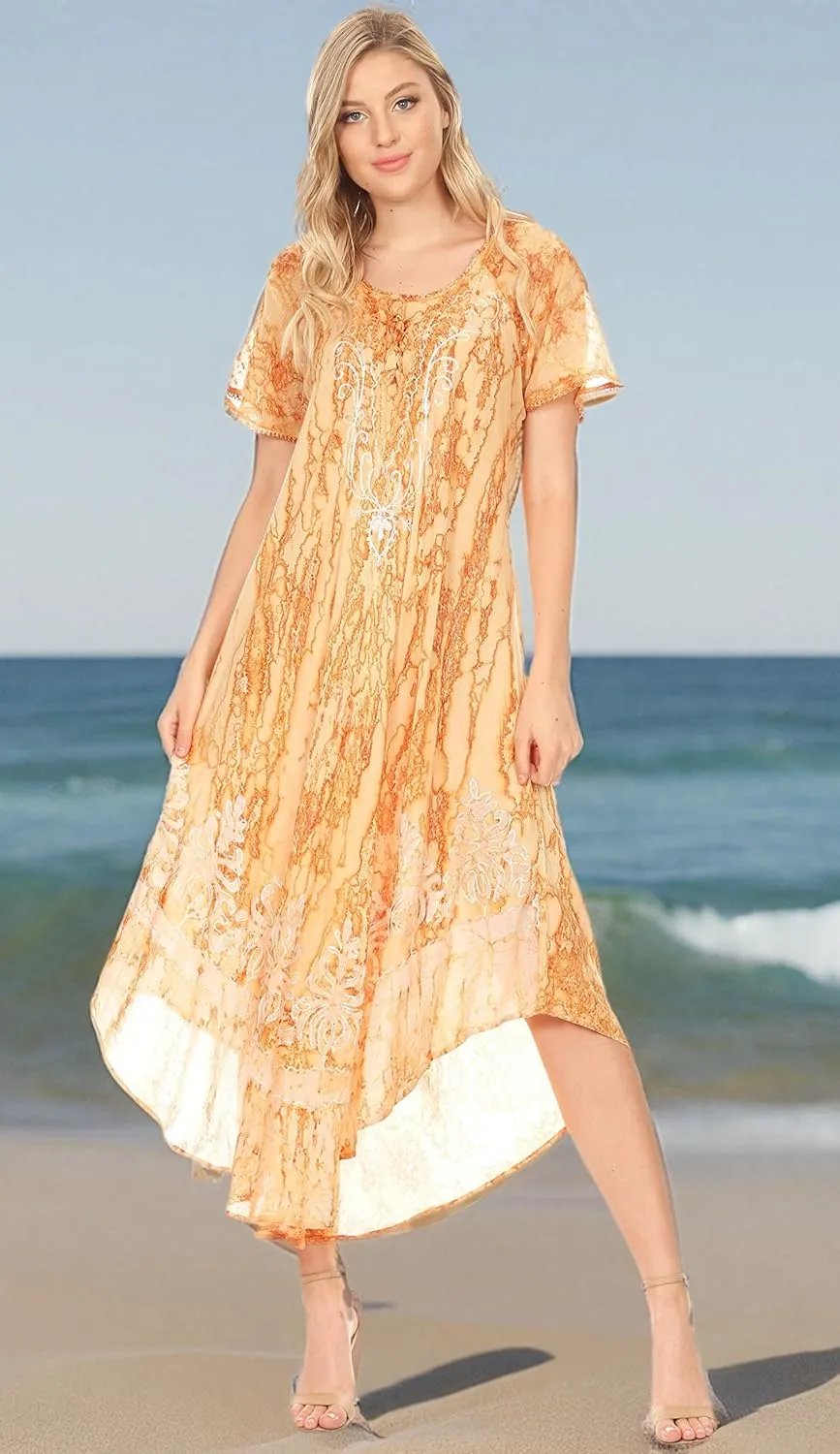 Sakkas Ronny Lace Embroidered Cap Sleeve Tie Dye Wash Caftan Dress/Cover Up