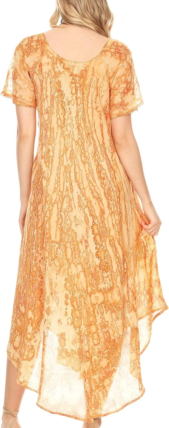 Sakkas Ronny Lace Embroidered Cap Sleeve Tie Dye Wash Caftan Dress/Cover Up