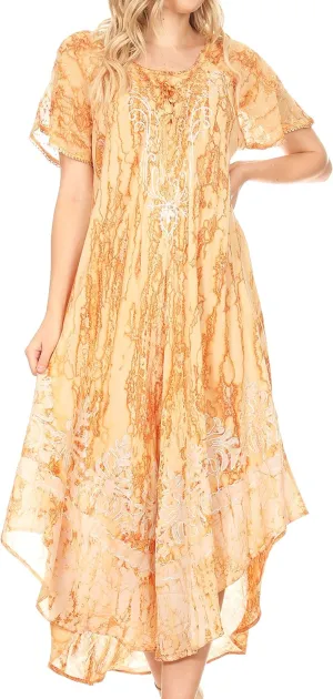 Sakkas Ronny Lace Embroidered Cap Sleeve Tie Dye Wash Caftan Dress/Cover Up