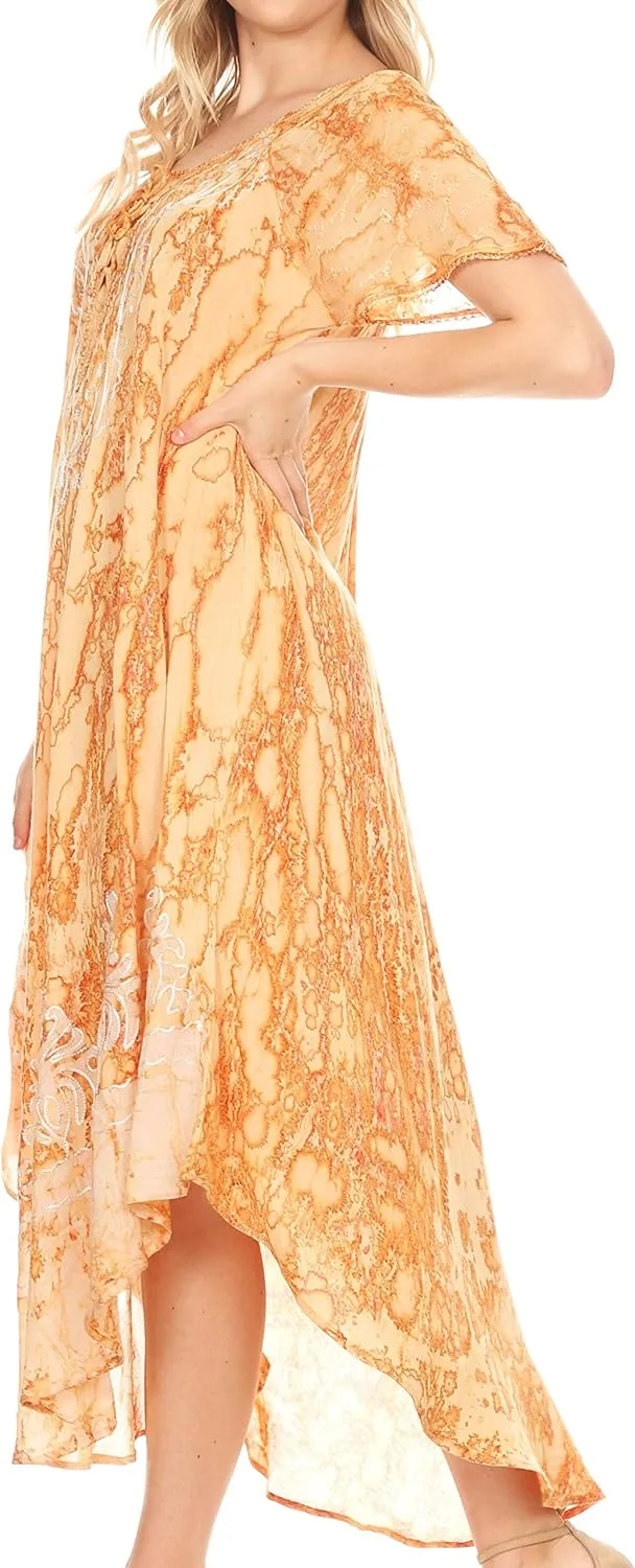 Sakkas Ronny Lace Embroidered Cap Sleeve Tie Dye Wash Caftan Dress/Cover Up