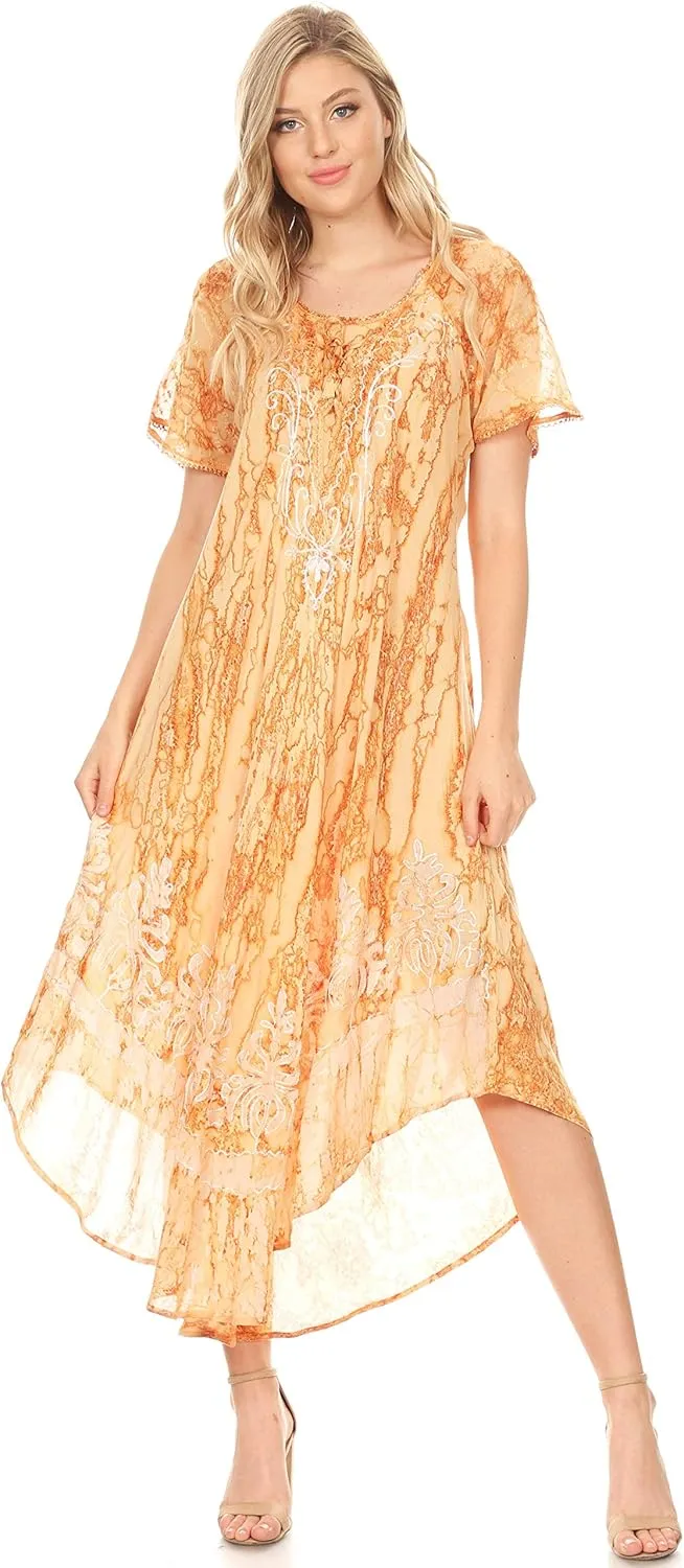 Sakkas Ronny Lace Embroidered Cap Sleeve Tie Dye Wash Caftan Dress/Cover Up