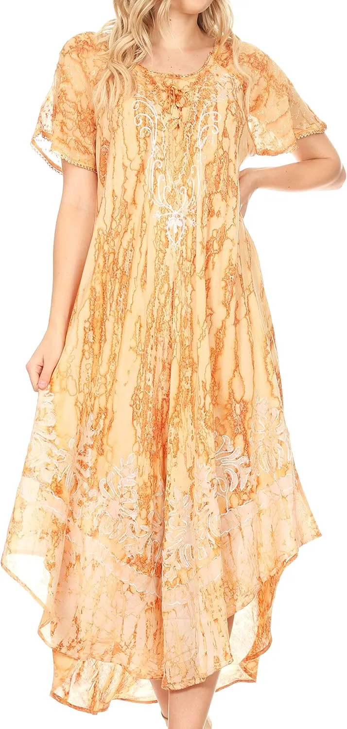 Sakkas Ronny Lace Embroidered Cap Sleeve Tie Dye Wash Caftan Dress/Cover Up