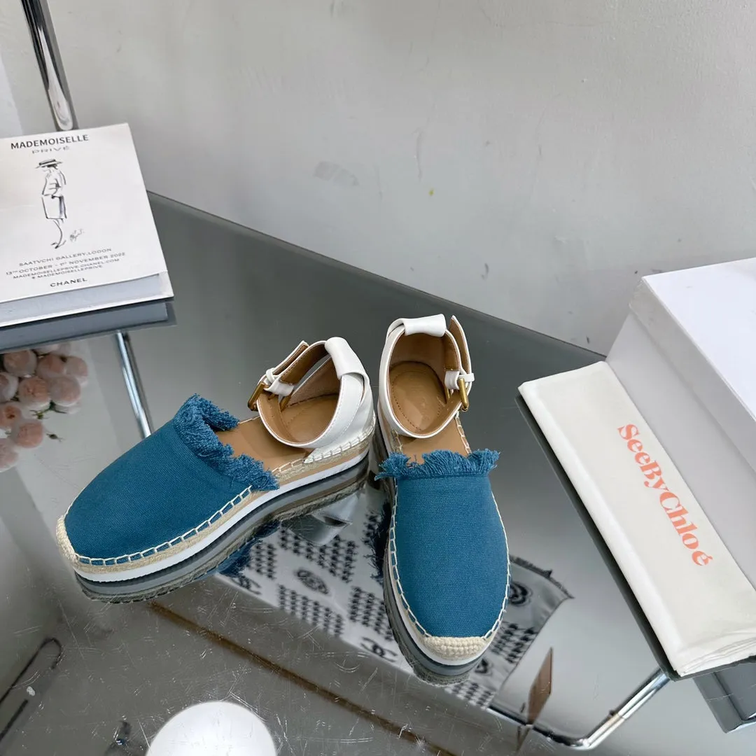 SEE BY CHLOÉ ESPADRILLES SANDAL IN CERULEAN BLUE FABRIC AND WHITE CALFSKIN