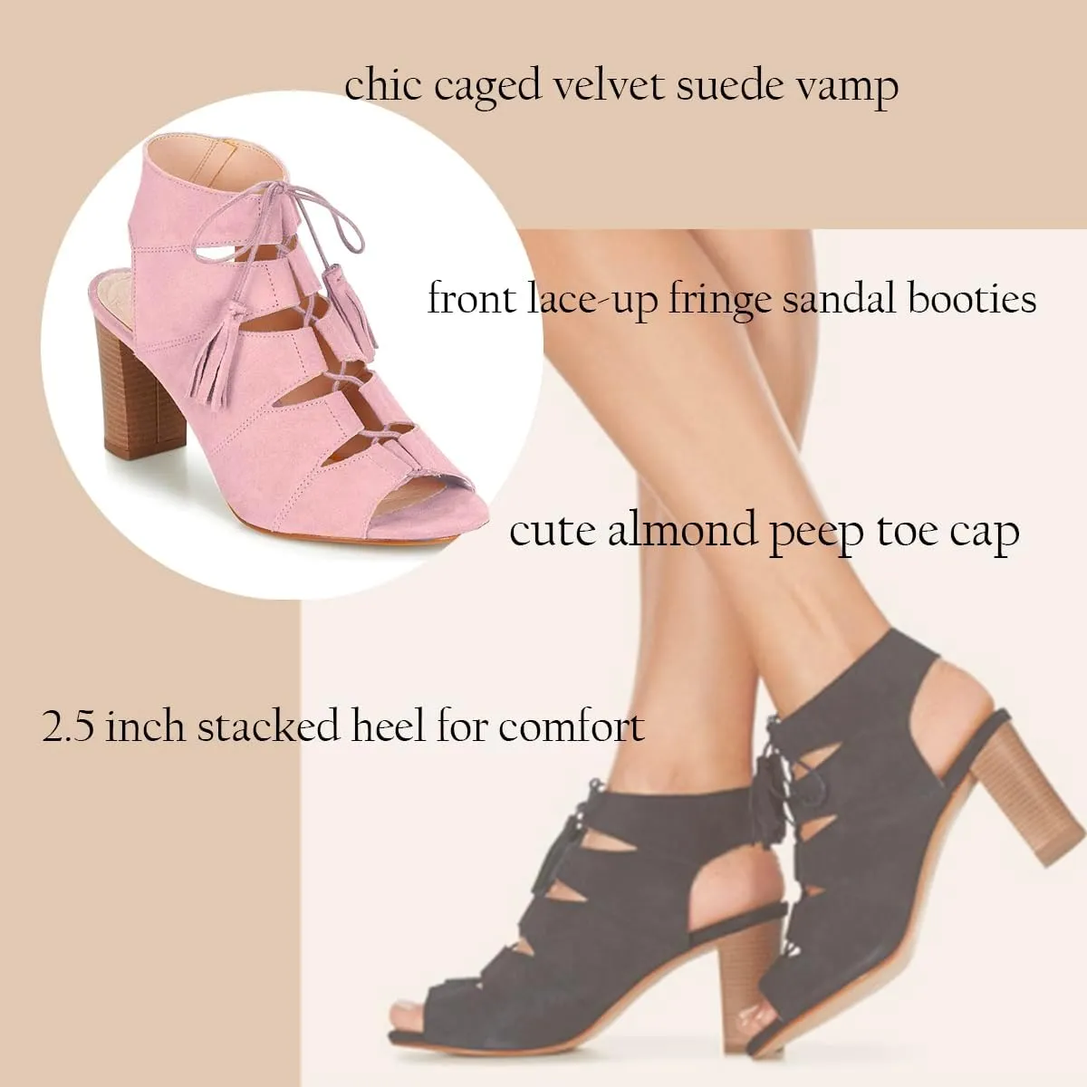 SHODENSE Women Fashion High Chunky Heel Sandals Open Peep Toe Suede Caged Ankle Booties Cutout Lace Up Backless Summer Sandal Boots Stacked Block Heels Dress Bootie Office Lady Party Ball 4-11 M US