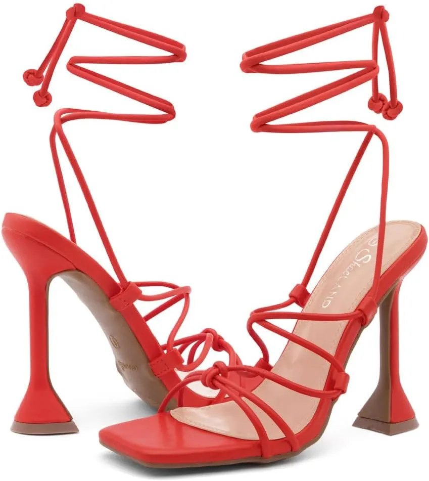 Shoe Land SL-Melody Women's Lace-Up Heels, Dressy Strappy High Heel Sandals, Square Open Toe with Tie-Up Ankle Wrap – Stiletto Heels for Prom, Party, and Wedding