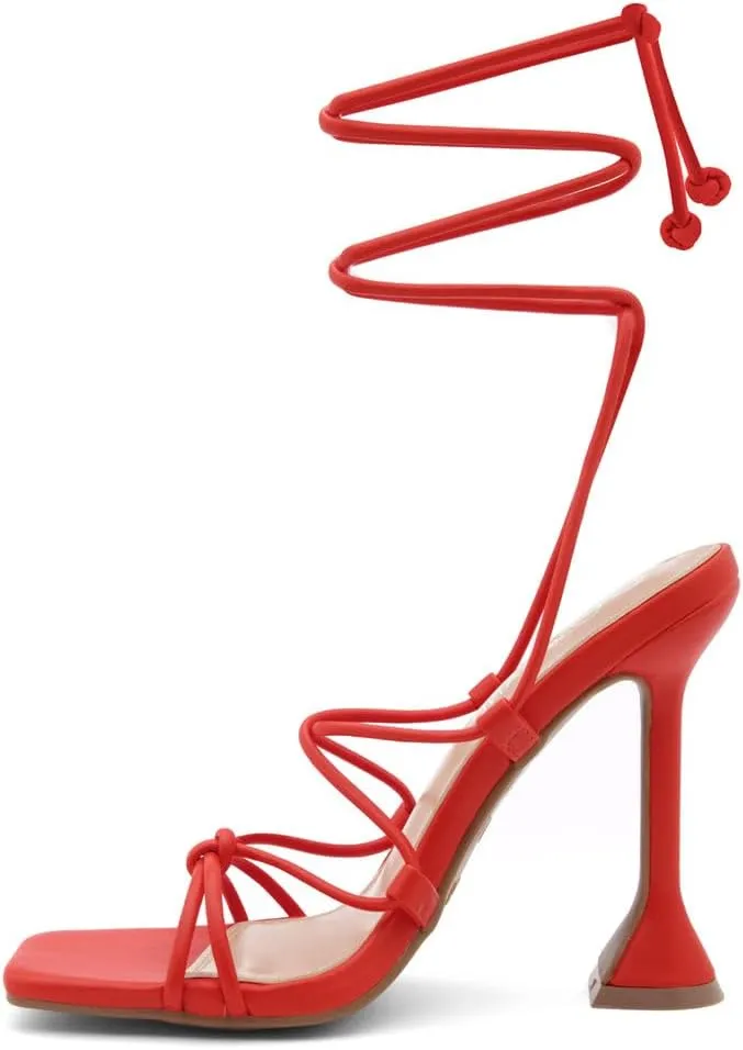 Shoe Land SL-Melody Women's Lace-Up Heels, Dressy Strappy High Heel Sandals, Square Open Toe with Tie-Up Ankle Wrap – Stiletto Heels for Prom, Party, and Wedding