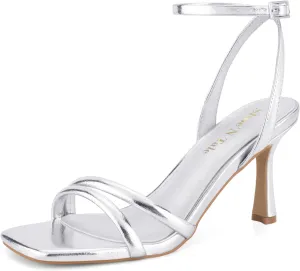 Shoe'N Tale Women's Strappy Heels Sexy Stilettos Summer Heeled Sandals High Heel Ankle Buckle Square Toe Dressy Shoes