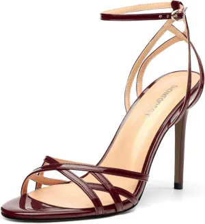 SHOWFOREST Strappy Heels for Women Stiletto High Heels Open Round Toe Patent 4 Inch Sandals with Ankle Strap Sexy for Dating Party Evening Dress Shoes