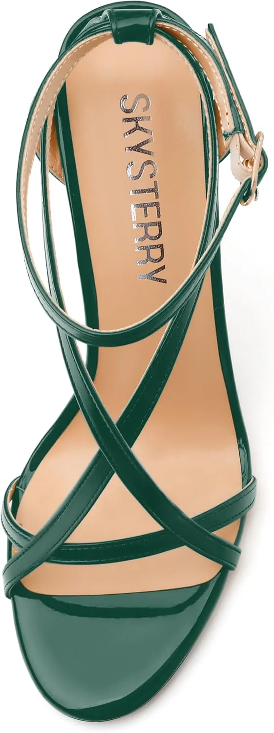 SKYSTERRY Lace Up High Stiletto Heeled Patent Sandals For Women Round Open Toe Strappy Ankle Buckle Heels Womens Dress Wedding Evening Fashion Shoes 4 Inch
