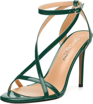 SKYSTERRY Lace Up High Stiletto Heeled Patent Sandals For Women Round Open Toe Strappy Ankle Buckle Heels Womens Dress Wedding Evening Fashion Shoes 4 Inch