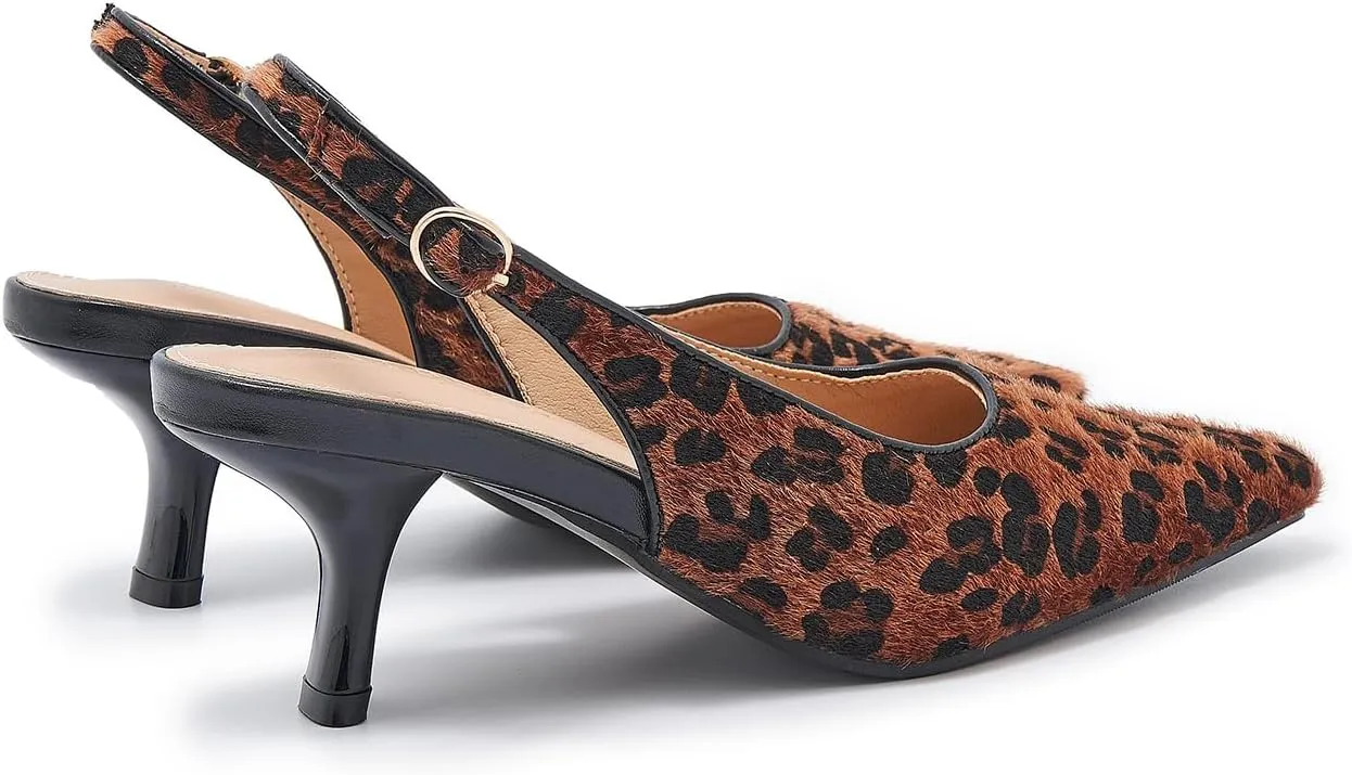 Slingback Pumps for Women Kitten Heeled Sandals Leopard Prints Buckled Straps Dress Shoes