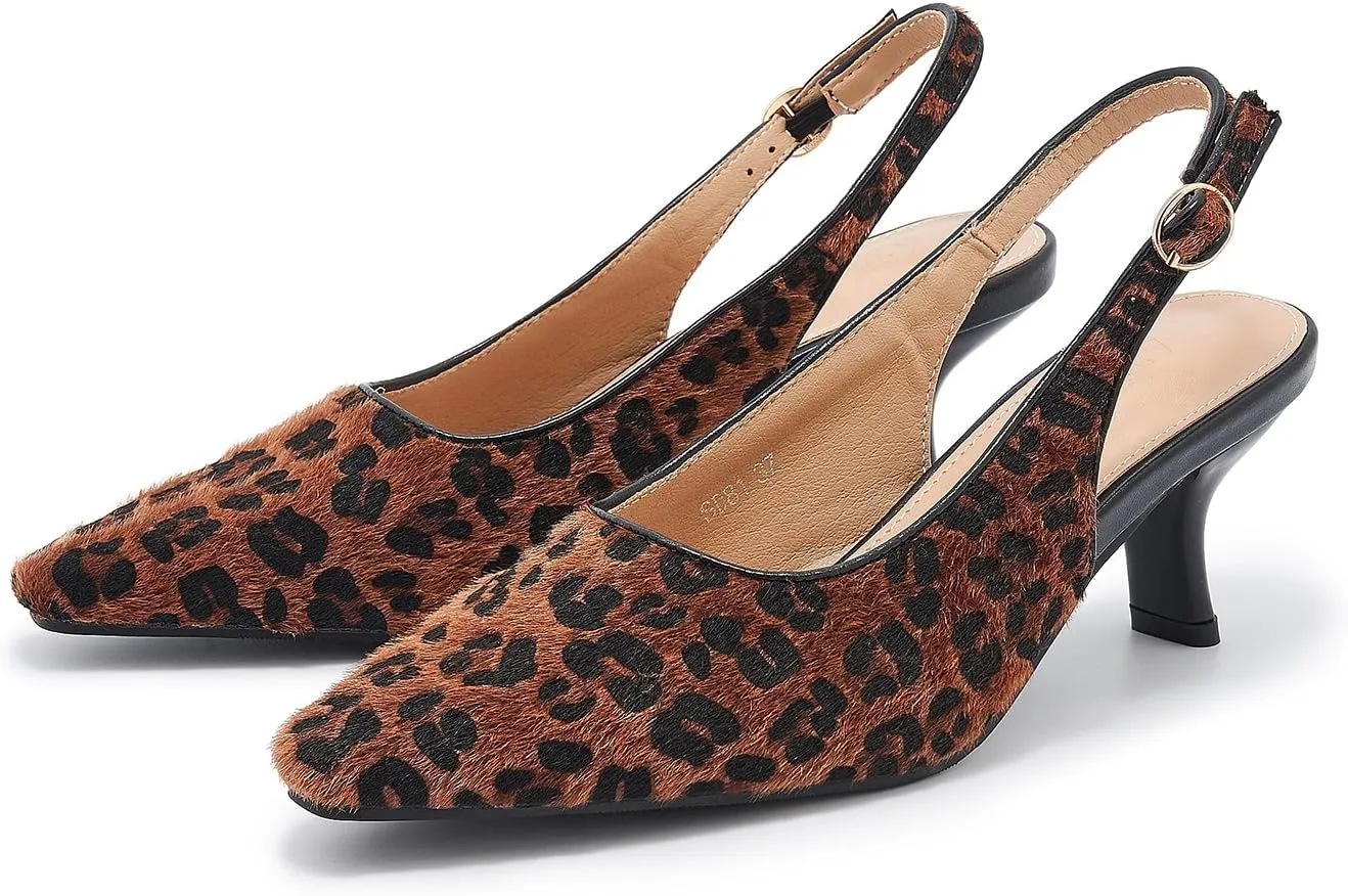 Slingback Pumps for Women Kitten Heeled Sandals Leopard Prints Buckled Straps Dress Shoes