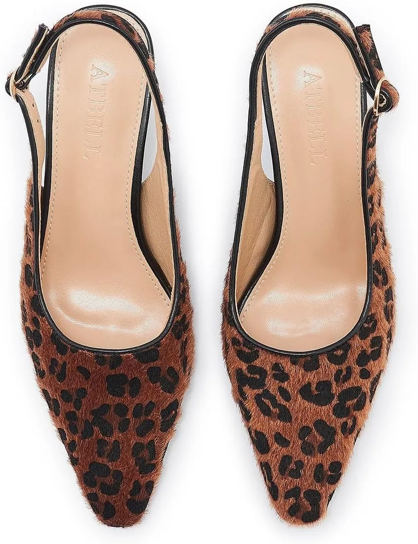 Slingback Pumps for Women Kitten Heeled Sandals Leopard Prints Buckled Straps Dress Shoes