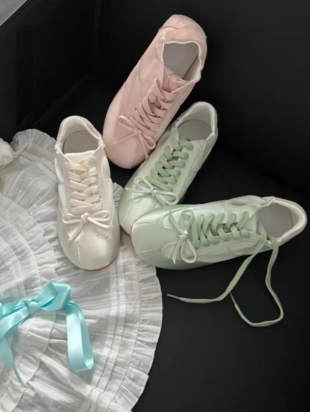 Sneakerina Ballet Sneakers for Women Lace-up Satin Ballerina Sneakers Flat Round Toes with Bow Decors Cute Y2K Retro No Slip Sole Soft Breathable Lightweight Casual Comfort Dress Shoes Tennis Running
