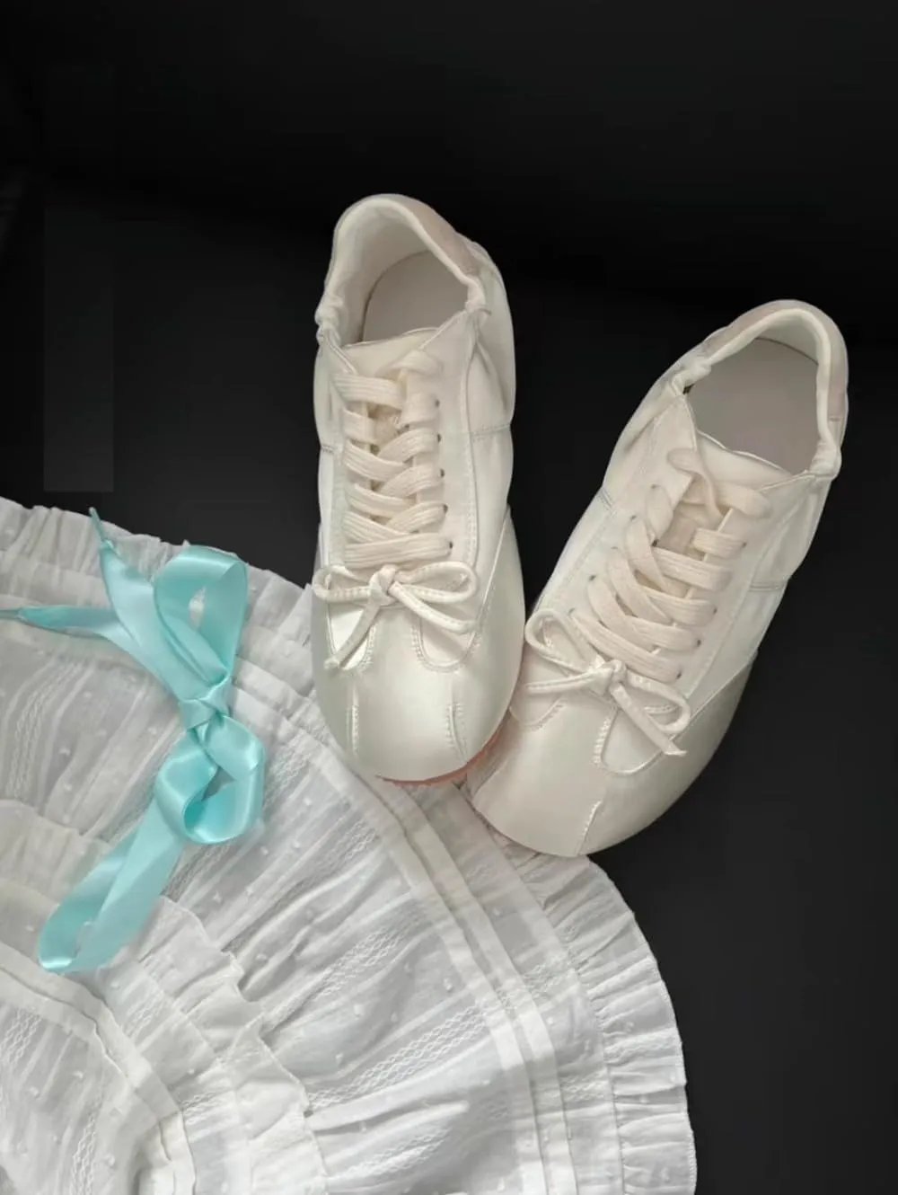 Sneakerina Ballet Sneakers for Women Lace-up Satin Ballerina Sneakers Flat Round Toes with Bow Decors Cute Y2K Retro No Slip Sole Soft Breathable Lightweight Casual Comfort Dress Shoes Tennis Running