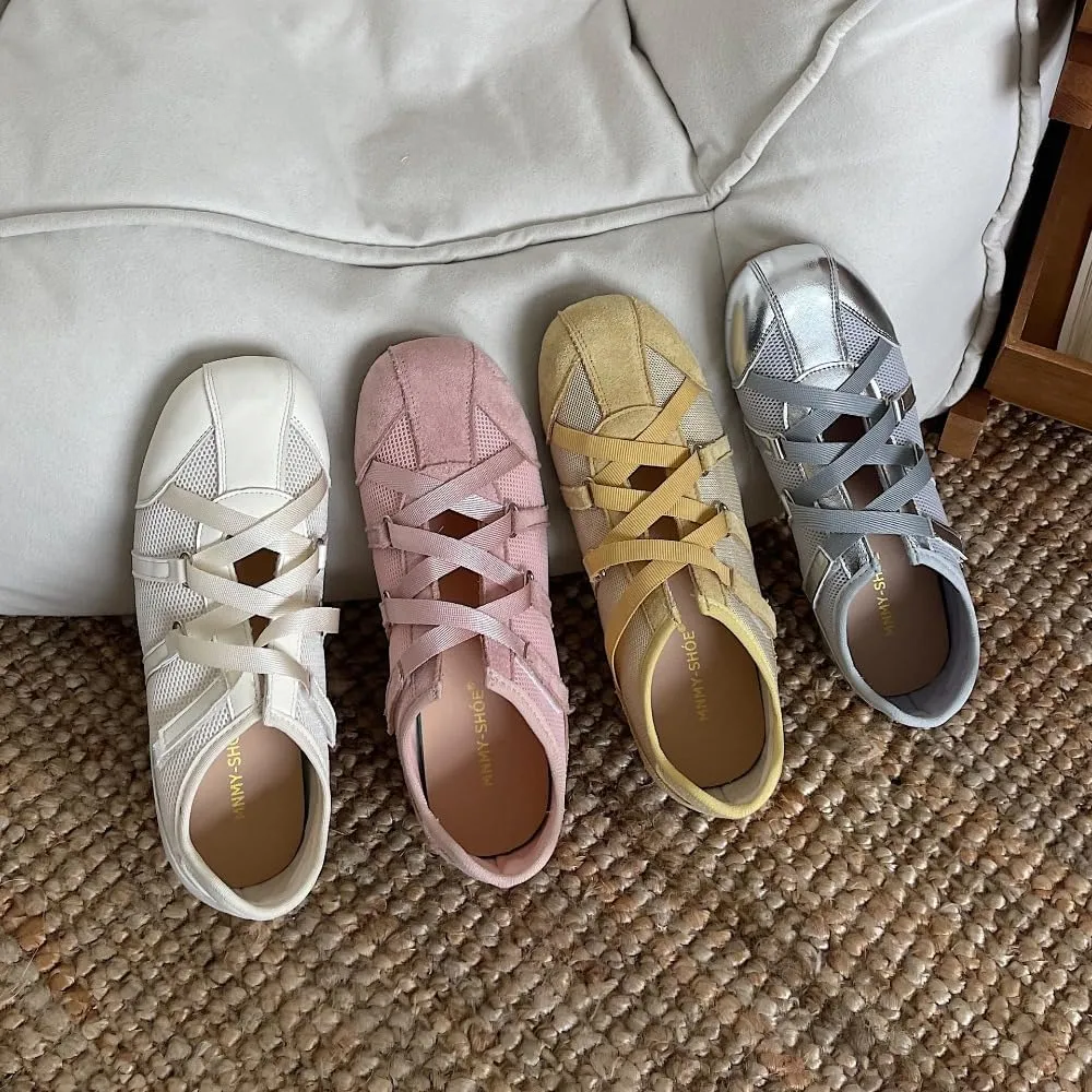 Sneakerina Dressy Ballet Sneakers Women Girls Cute Y2K Retro Lace Up Round Toes Breathable Non-Slip Chunky Sole Casual Fabric Platform Sneakers Preppy Back to School Gifts Daughter Granddaughter
