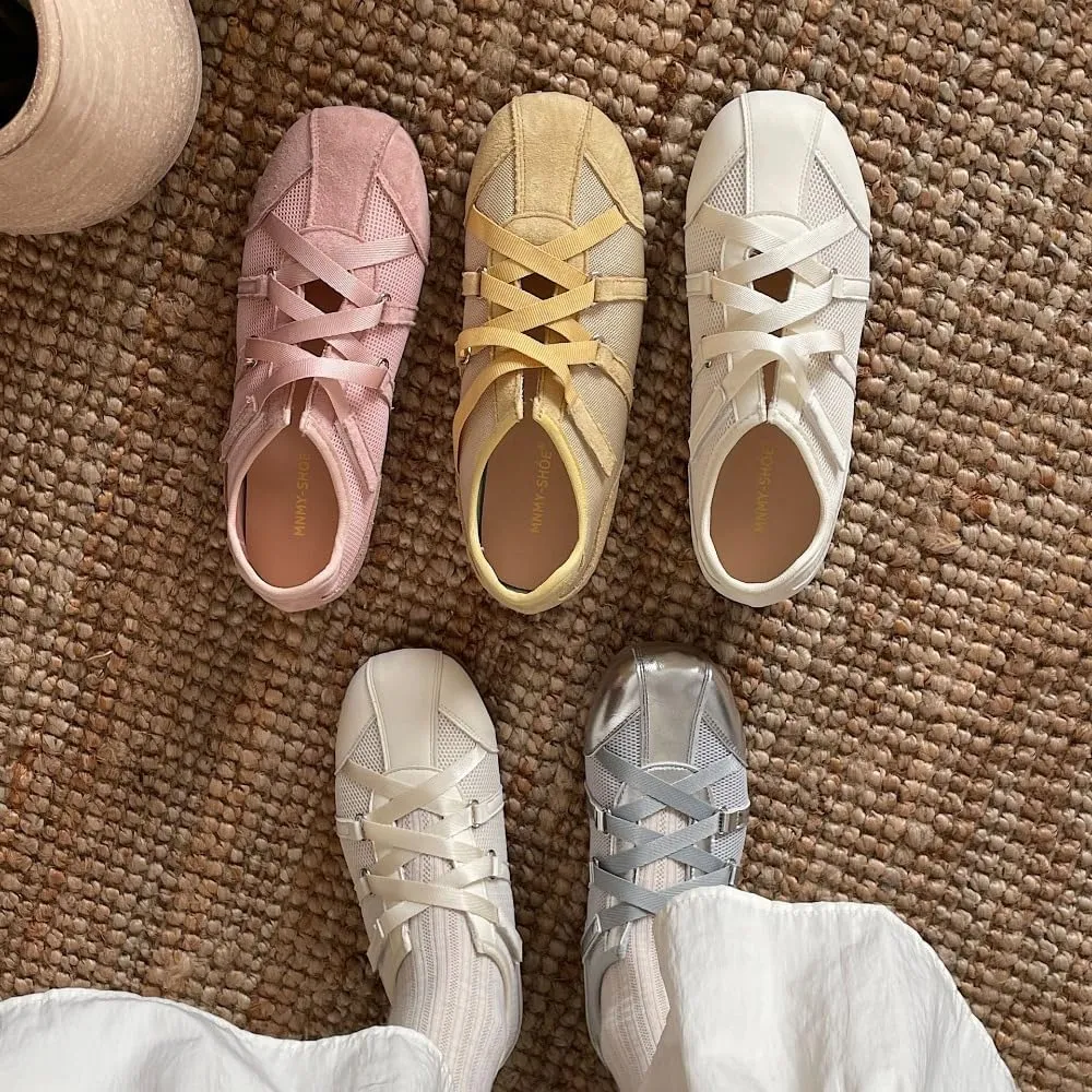 Sneakerina Dressy Ballet Sneakers Women Girls Cute Y2K Retro Lace Up Round Toes Breathable Non-Slip Chunky Sole Casual Fabric Platform Sneakers Preppy Back to School Gifts Daughter Granddaughter