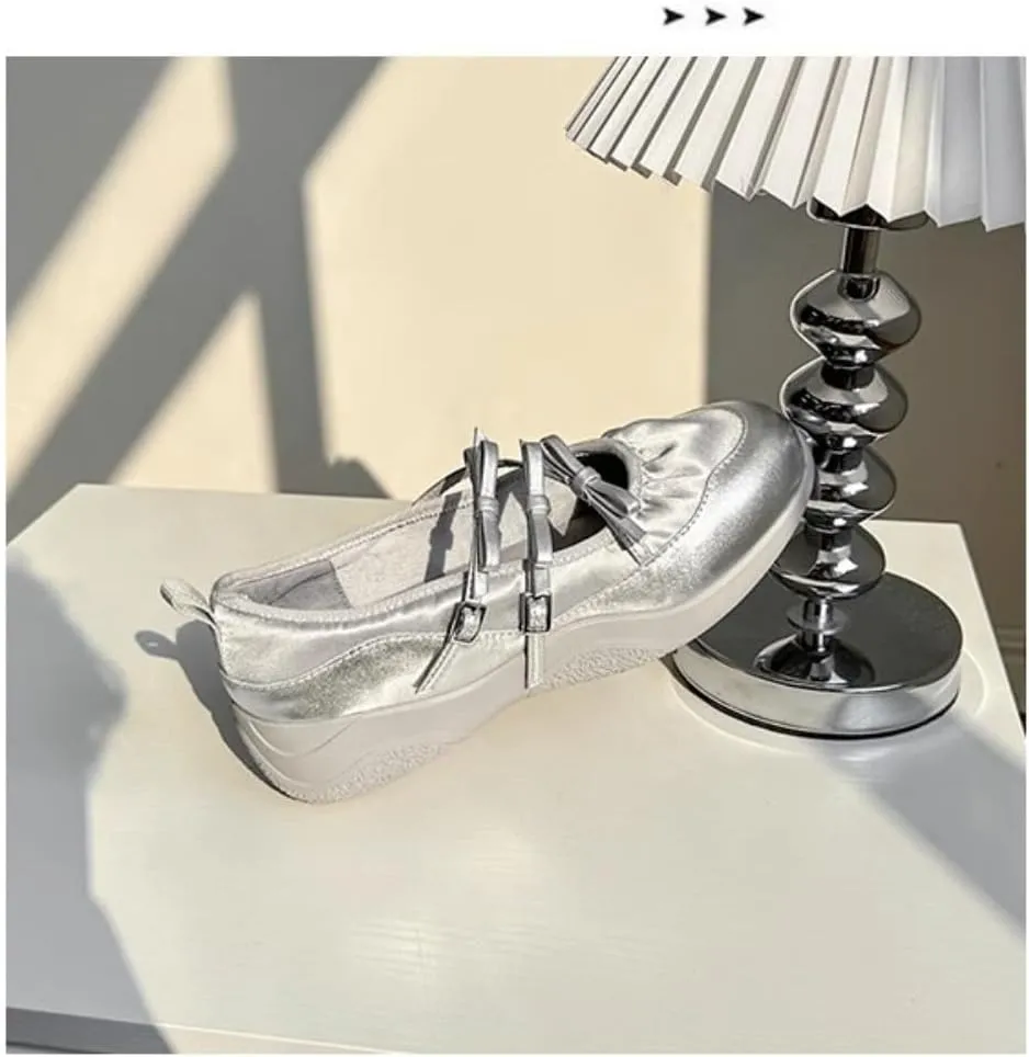 Sneakerina Preppy Ballet Sneakers for Women Girls Kawaii Y2K Retro Non-Slip Flat Chunky Sole Casual Satin Lace-Up Flat Platform Sneakers Back to School Gifts for Daughter Granddaughter
