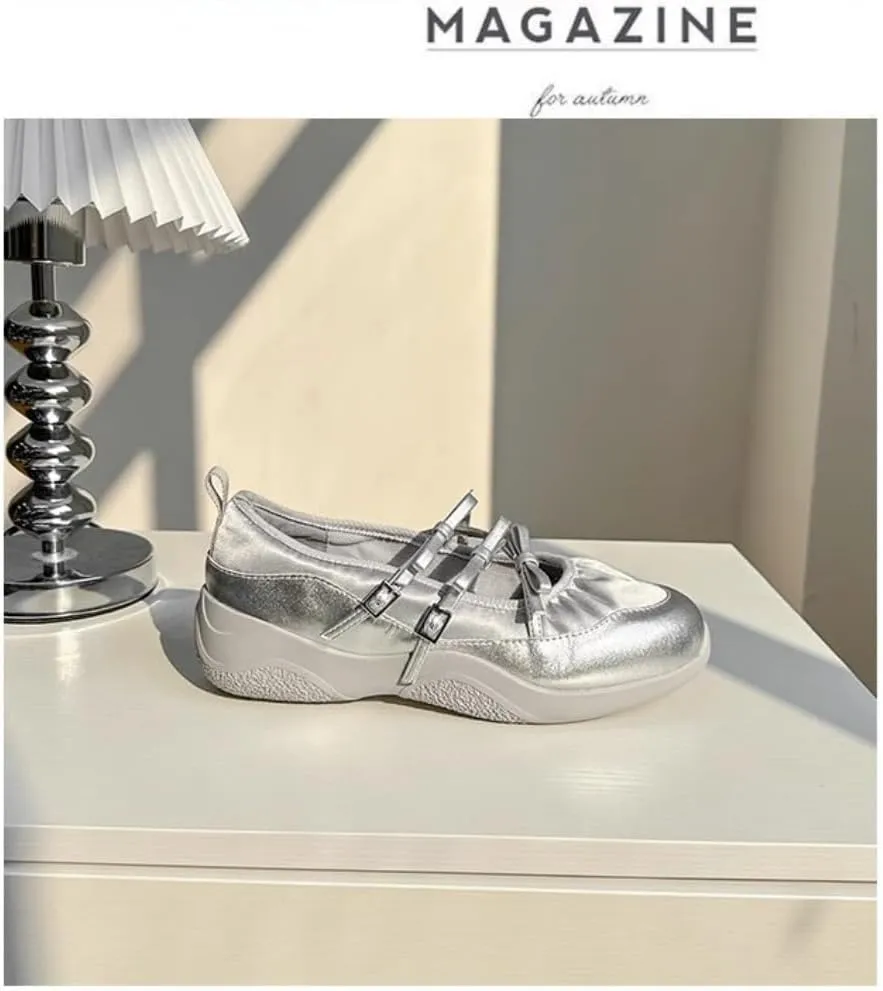 Sneakerina Preppy Ballet Sneakers for Women Girls Kawaii Y2K Retro Non-Slip Flat Chunky Sole Casual Satin Lace-Up Flat Platform Sneakers Back to School Gifts for Daughter Granddaughter