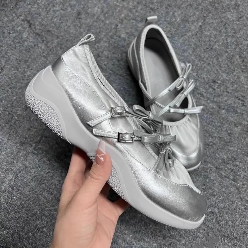 Sneakerina Preppy Ballet Sneakers for Women Girls Kawaii Y2K Retro Non-Slip Flat Chunky Sole Casual Satin Lace-Up Flat Platform Sneakers Back to School Gifts for Daughter Granddaughter
