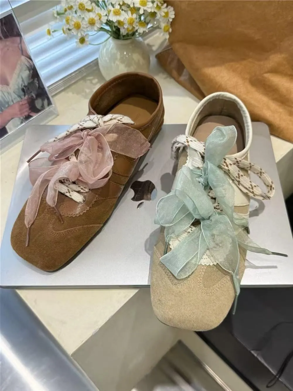 Sneakerina Satin Bow Ballet Sneakers Women Girls Cute Y2K Retro Leather Round Toes Dress Shoes Chunky Sole Platform Breathable Tennis Sneakers Preppy Back to School Gifts Daughter Granddaughter
