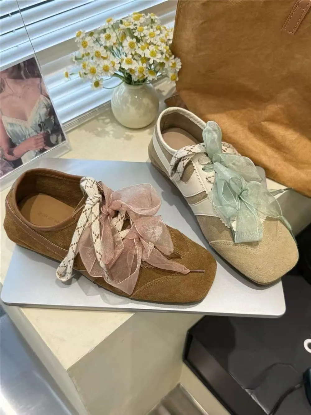 Sneakerina Satin Bow Ballet Sneakers Women Girls Cute Y2K Retro Leather Round Toes Dress Shoes Chunky Sole Platform Breathable Tennis Sneakers Preppy Back to School Gifts Daughter Granddaughter
