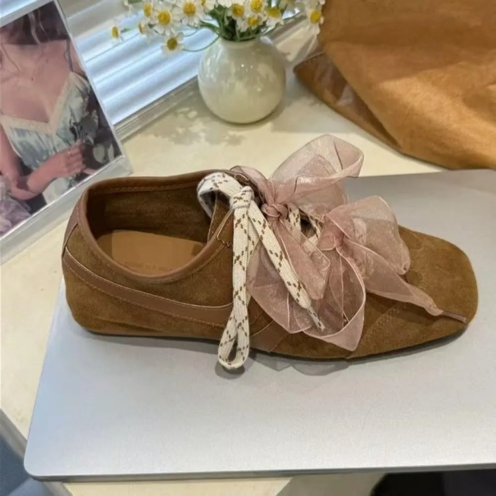 Sneakerina Satin Bow Ballet Sneakers Women Girls Cute Y2K Retro Leather Round Toes Dress Shoes Chunky Sole Platform Breathable Tennis Sneakers Preppy Back to School Gifts Daughter Granddaughter