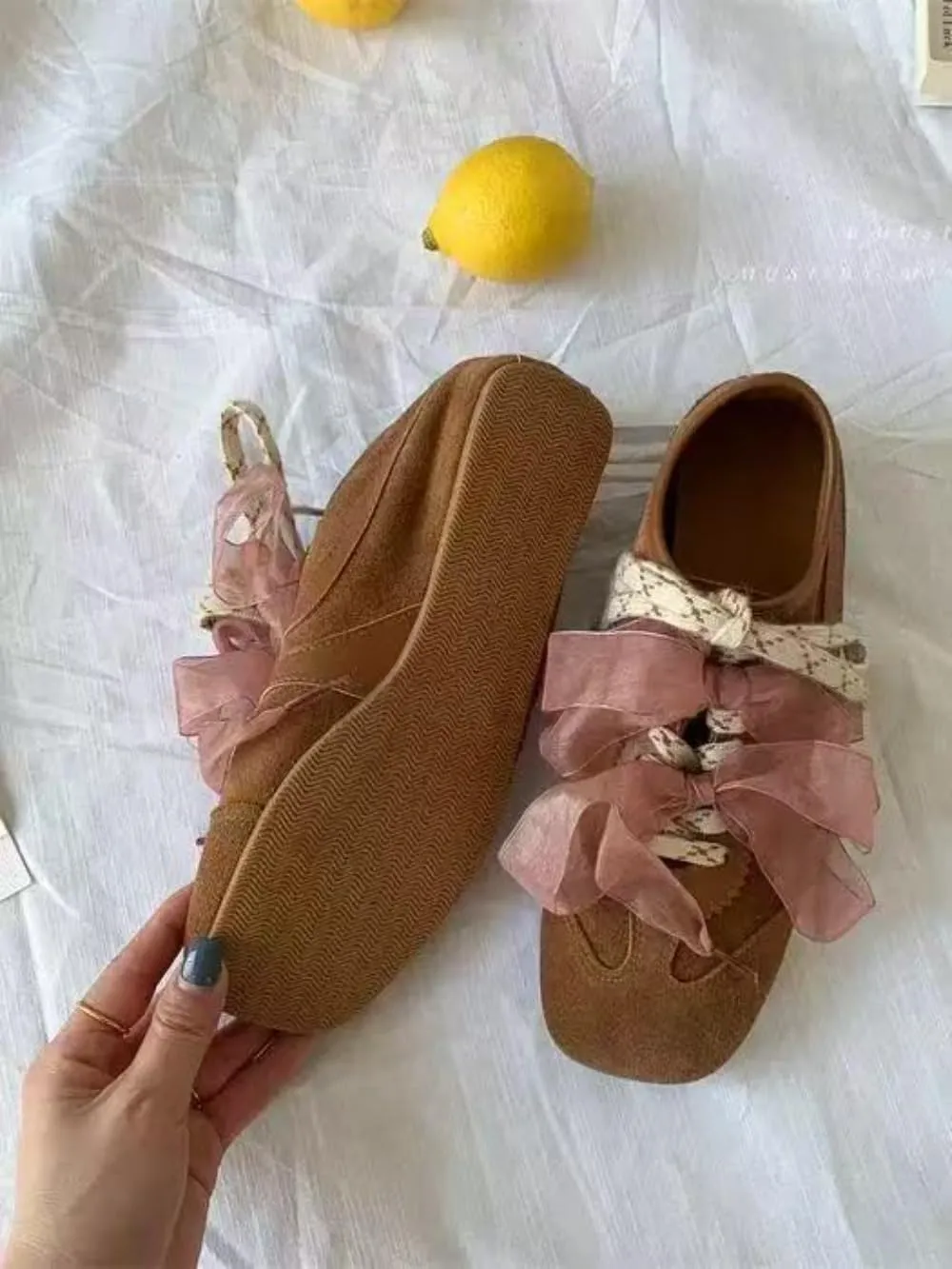 Sneakerina Satin Bow Ballet Sneakers Women Girls Cute Y2K Retro Leather Round Toes Dress Shoes Chunky Sole Platform Breathable Tennis Sneakers Preppy Back to School Gifts Daughter Granddaughter