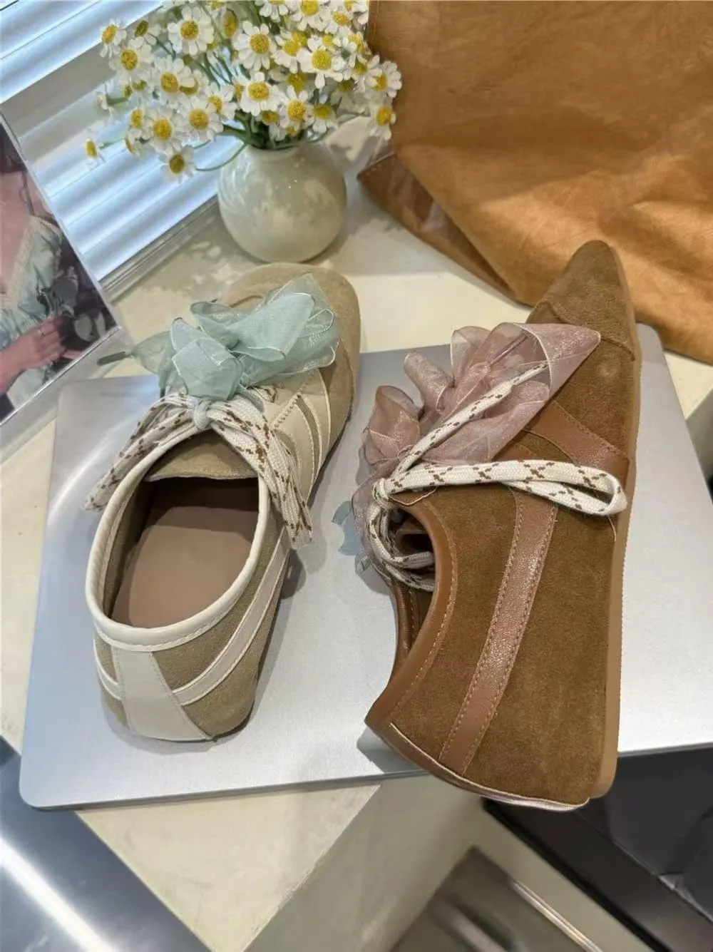 Sneakerina Satin Bow Ballet Sneakers Women Girls Cute Y2K Retro Leather Round Toes Dress Shoes Chunky Sole Platform Breathable Tennis Sneakers Preppy Back to School Gifts Daughter Granddaughter