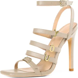 Soireelady Womens High Heel Sandals, Ankle Strap Open Toe Heels, Square Toe Stiletto Strappy Heeled Sandals 4 Inch Prom Party
