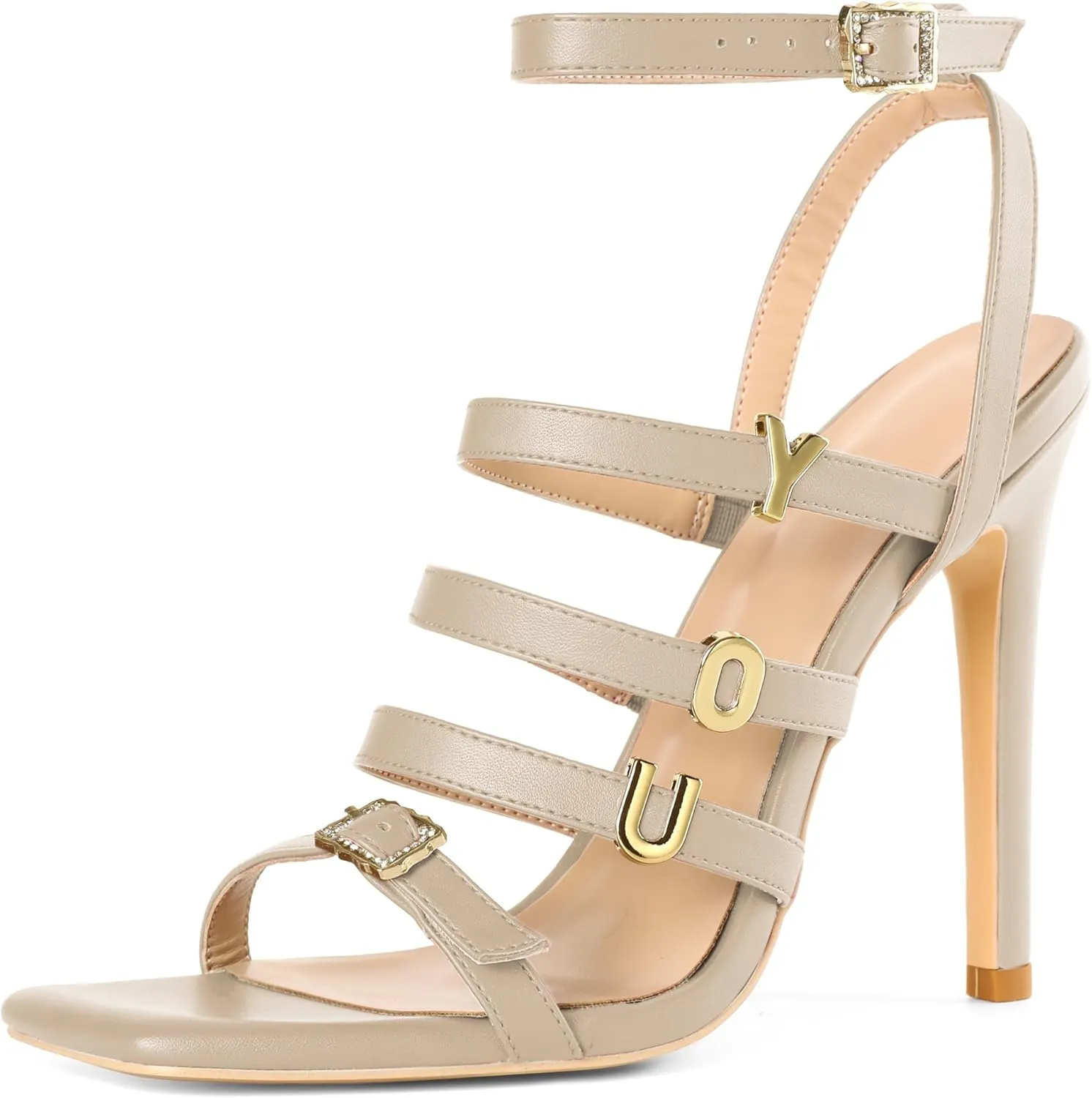 Soireelady Womens High Heel Sandals, Ankle Strap Open Toe Heels, Square Toe Stiletto Strappy Heeled Sandals 4 Inch Prom Party