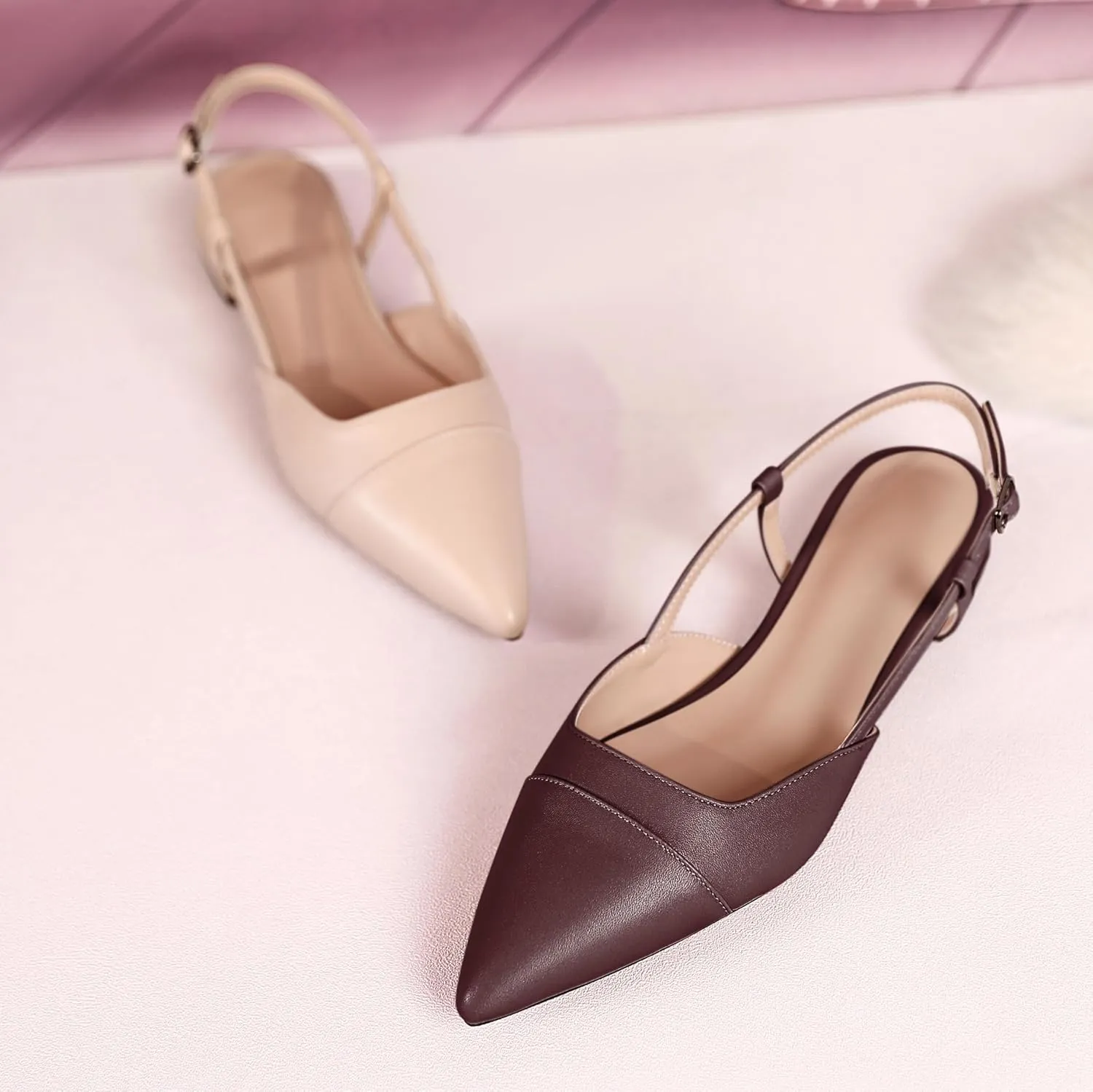 Soireelady Women's Slingback Flats, Closed Pointed Toe 2CM Ballet Flats, Cap Toe Comfortable Casual Flat Office Dressy Shoes