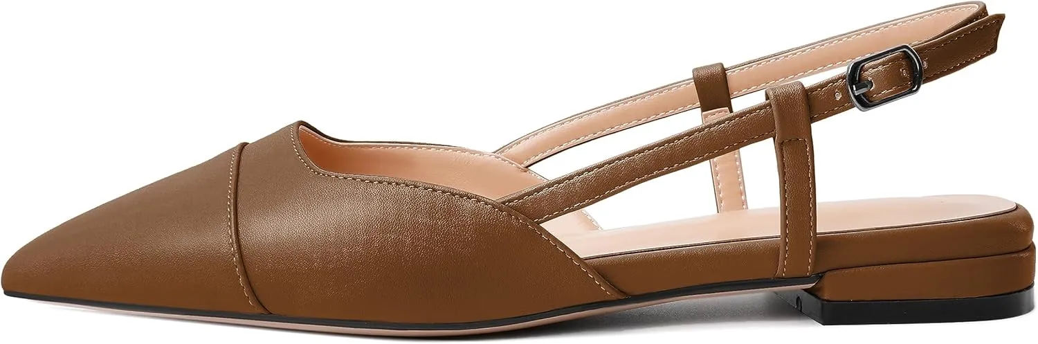 Soireelady Women's Slingback Flats, Closed Pointed Toe 2CM Ballet Flats, Cap Toe Comfortable Casual Flat Office Dressy Shoes